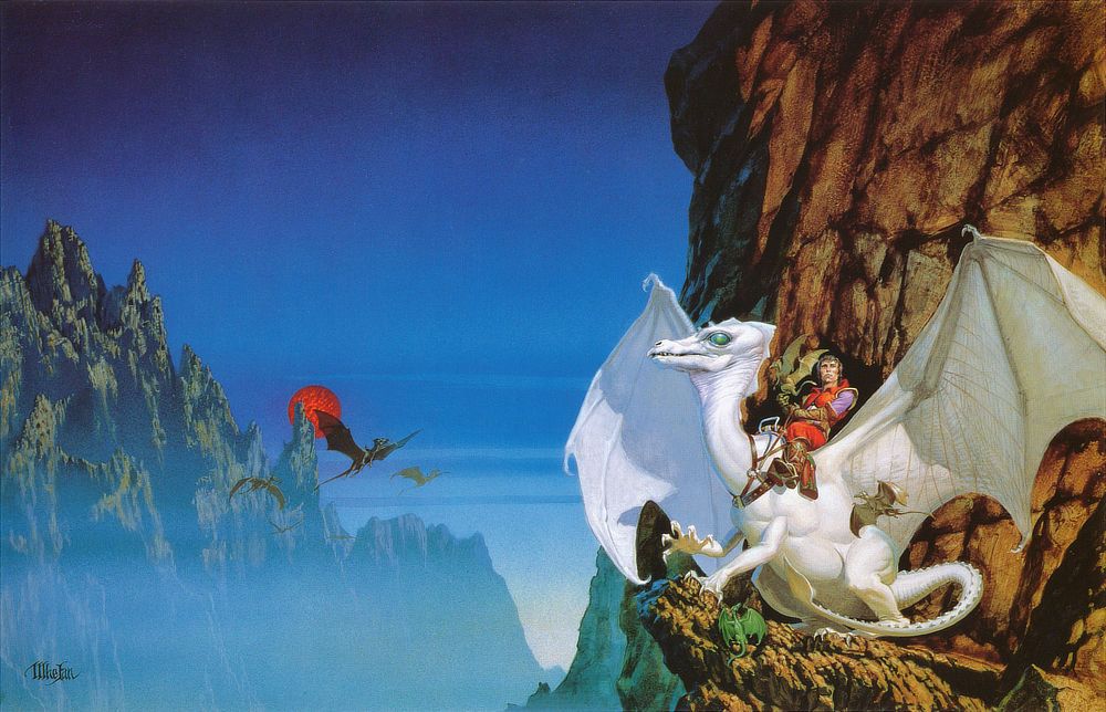 Ruth, a pearl white dragon with green eyes, poses regally with wings spread against a cliff face. Her rider Jaxom rears back, saddle-mounted just above her wings. A foreclaw grips rock as the other releases, flexing like fingers. Ruth's tail, marked with a parallel ridges of short spikes and ending in a spade-shaped tip, curls forward around her back leg. A tiny dragon grasps Jaxom's finger, perching like a bird. Across the misty valley, a group of dragons take flight, soaring past the Red Star which hangs in deep blue sky like a bloody moon just above the jagged spine of mountains.