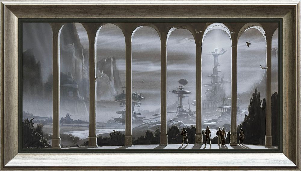 GLIMPSE OF TOMORROW (1984), Custom framed original art. Acrylic - 13” x 25 ½”.

Preliminary concept VICTORY, rendered tonally and featuring elegant columns and curved arches defining the foreground. Standing tiny among them are five figures looking out at a futuristic city with raised roadways winding around saucer topped towers.