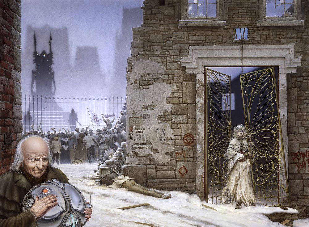 A pretty young woman with disheveled white hair and tattered skirts emerges through a gate, delicately wrought in bronze and patterned with butterfly wings. One half hangs askew, falling off its hinges. On the wall next to Eliste, Posters with calls for revolution are pasted on plaster partially covering the uneven stones. Red diamonds are spray painted there. Opposite the doorway graffiti reading "DOWN WITH" cuts off at the right panel edge. A body lays face down in the snow covered street. A view through an alley reveals a raucous crowd gathered at an iron fence. Beyond, a pair of robed figures, executioners, stand on either side of stairs leading up to platform where the silhouette of a strange device rises, dark and menacing against the hazy gray city background. The shape of it suggests a figure, malevolent sentience, with white dotted eyes and the peak and fringe of a headdress suggesting the shape of a head while buttresses at each side could be arms.