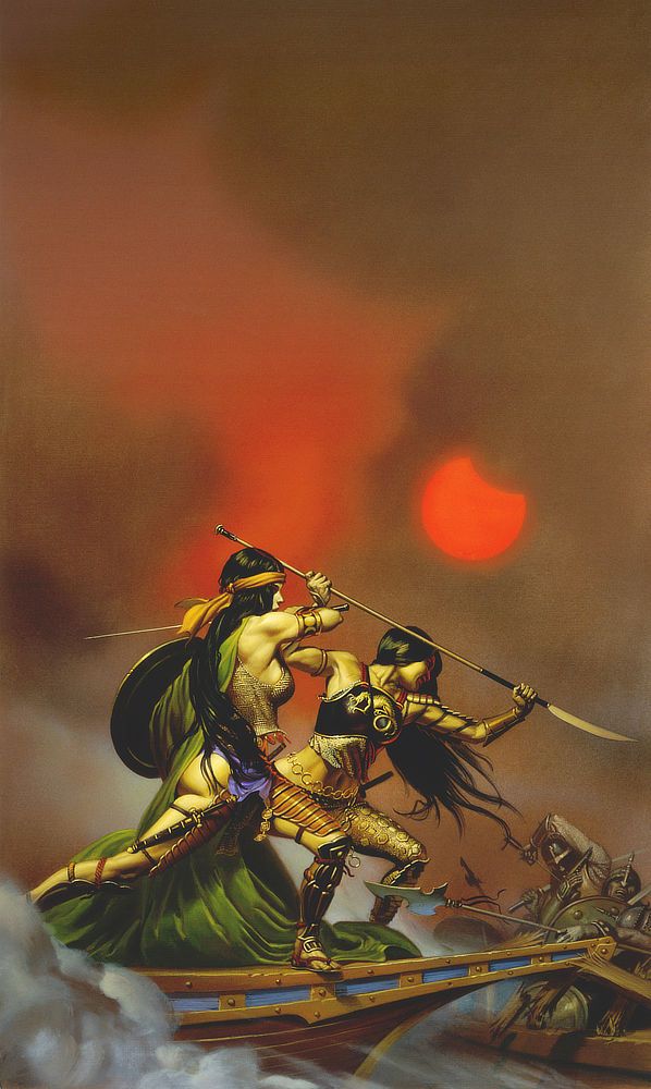 Balanced on the bow of a slender boat, two dark haired Amazon warriors stand poised to attack. The point of the bow has splintered the rails of another vessel. The armored men aboard lurch back with the impact as the Amazons surge forward. One grips a spear two-handed overhead, ready to stab downward. Holding a round shield for defense, the other draws back her sword arm ready to swing. Her long green cape drapes down over her leanly muscular body as she pivots. Billowing mist obscures all but the tip of their ship. The sky above is gray, clouds tinged with red by a bloody gibbous moon.
