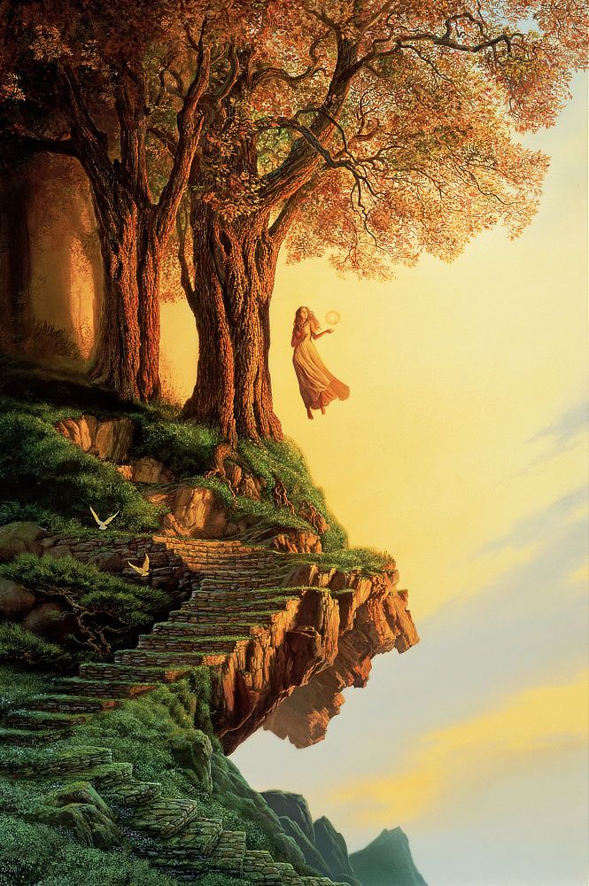 Rough stone steps wind around the side of a hill defining the cliff's edge in their slow ascent. As the path turns sharply, the eroded ground beneath forms an overhang. The sky beyond is suffused with golden radiance layered with grey-blue clouds. The trees at the edge of the cliff, already in the transition to autumn, are lit by the warm glow of sunset creating a contrast of light and shadow up thick textured trunks. Out over the edge, hovering in the open air, a woman in a long dress holds her hands out as if presenting a clear spherical vessel containing a solitary flame. Bathed in the light of sunset, she stares off panel into the far distance while a pair of doves flies low, sweeping over the curving steps.
