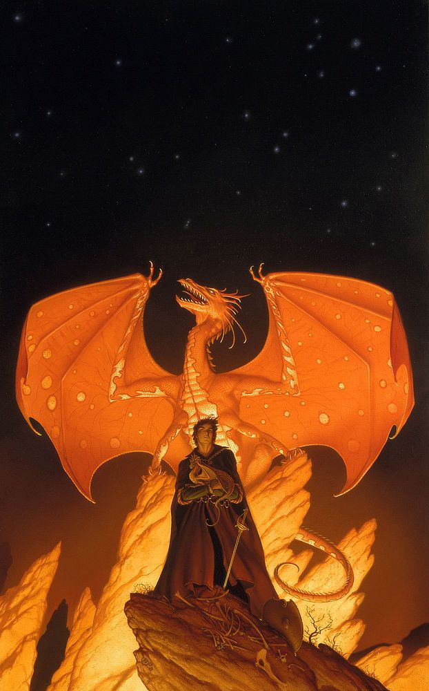 Lit from behind, a cloaked man with short dark hair cradles a baby dragon. On the rocks behind him, an adult dragon spreads its wings and raises its head in regal profile against a star stippled sky. The head tapers to an elegant pointed beak. Slender fleshy plumes sweep back off its head. While its body is covered in orange scales, accented in gold on chest and arms, its wings are notably fleshy with veins running throughout. Random spots of gold accent contrast in shape the wavy flame-like accents on its body. The ribs of its wings can be traced up to raised forelimbs. Anatomically the wing structure might have been the three lower fingers on its hand. Two taloned fingers extend outward at the peak of the wings. A second set of forelimbs sprout lower on its chest to provide anchor on the rock where it perches. From behind the rock, the curl of its tail emerges.