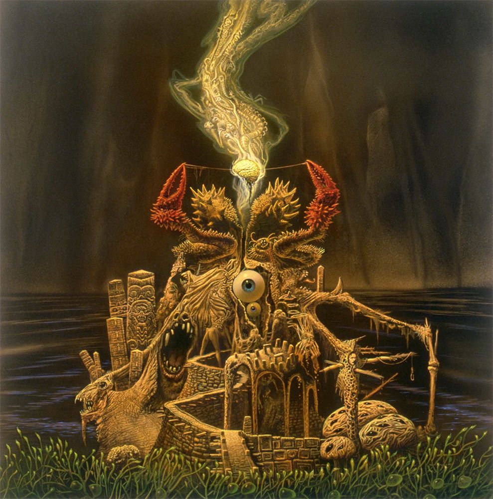 A pair of spiky lobster-like claws pull a strand through a human brain. Suspended above, the abstract shape of a body hangs upside down, wavy and transparent. Inside appears to be human faces screaming in horror intermixed with internal organs (intestines and spine). The structure the claws protrude from is an amalgam of body parts, human and otherwise, including a pair of mismatched blue eyes, a deformed mouth full of uneven teeth. A path atop a winding stone wall leads up to the grotesque monument from the green, grass-like-yet-alien vegetation in the foreground. Behind the structure murky water gently ripples.