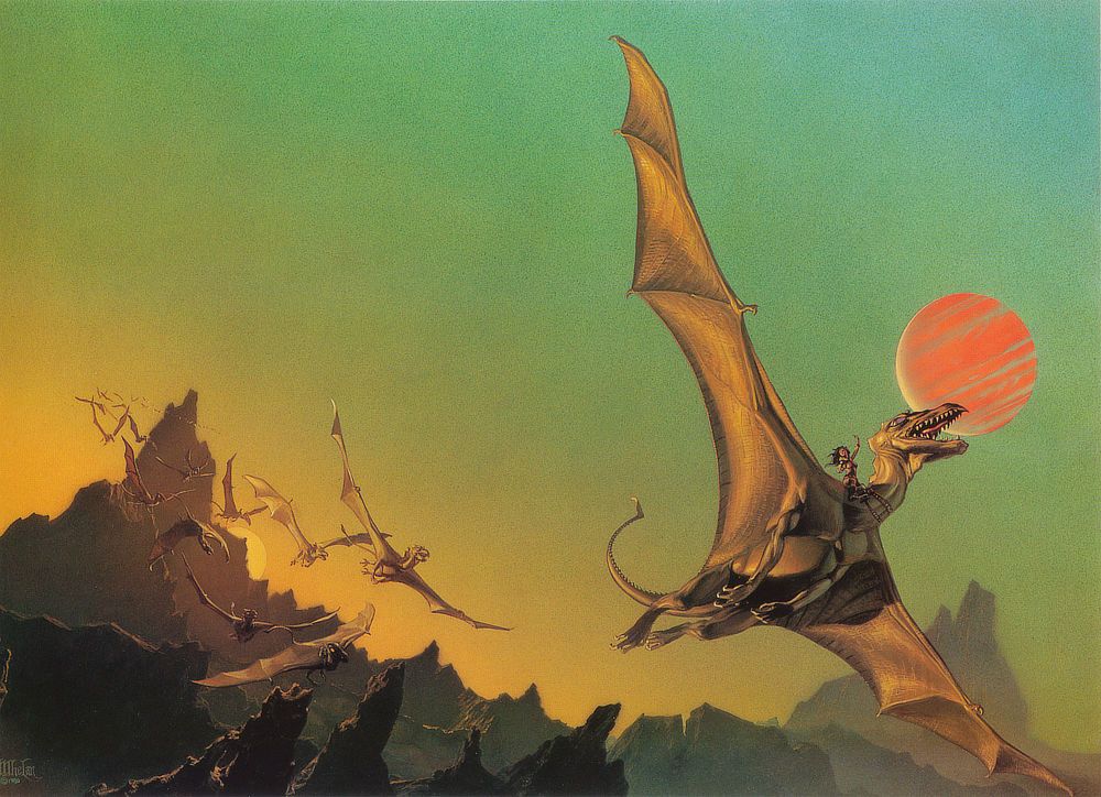 A flight of dragons swoops past a rocky mountain peak down that mostly obscures the sun. The light tints green sky yellow along the ridge. With wings spread wide, the lead dragon pulls up from a dive with beak open to expose teeth and tongue. The arc of its climb intersects a red striated planet. The female dragonrider raises one arm up as she glances back over her shoulder.
