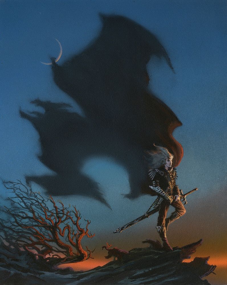 Against the twilight sky, the albino prince Elric dressed in black leather with silver accents stands casually with thumbs tucked into his belt and the flat of one foot propped on the inside of his opposite knee. He gazes off panel right at a sunset unseen. His cloak flaps behind him, mostly rendered in abstract as if casting a demonic bat-like shadow. A band of orange stretches low in the sky providing contrast to the rocky outcrop he stands upon. Behind him a skeletal bush catches the last magical rays of the sun, bathing in detail the textured ridges and wild bends of the bare, gnarly branches.
