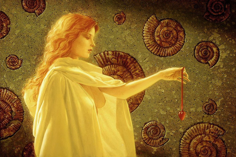A woman wrapped in a sheet of white fabric contemplates a red glass heart held at arm's length. The glow of light from behind bathes her long, wavy red hair. She holds her left arm extended exposing one bare breast from beneath the folds of cloth. The pale skin of her arm catches highlights of golden light. Between thumb and forefinger, she pinches a thin red ribbon weighed down by the small glass heart. The wall behind her is made of rough olive stone set with brown ammonite fossils in relief.