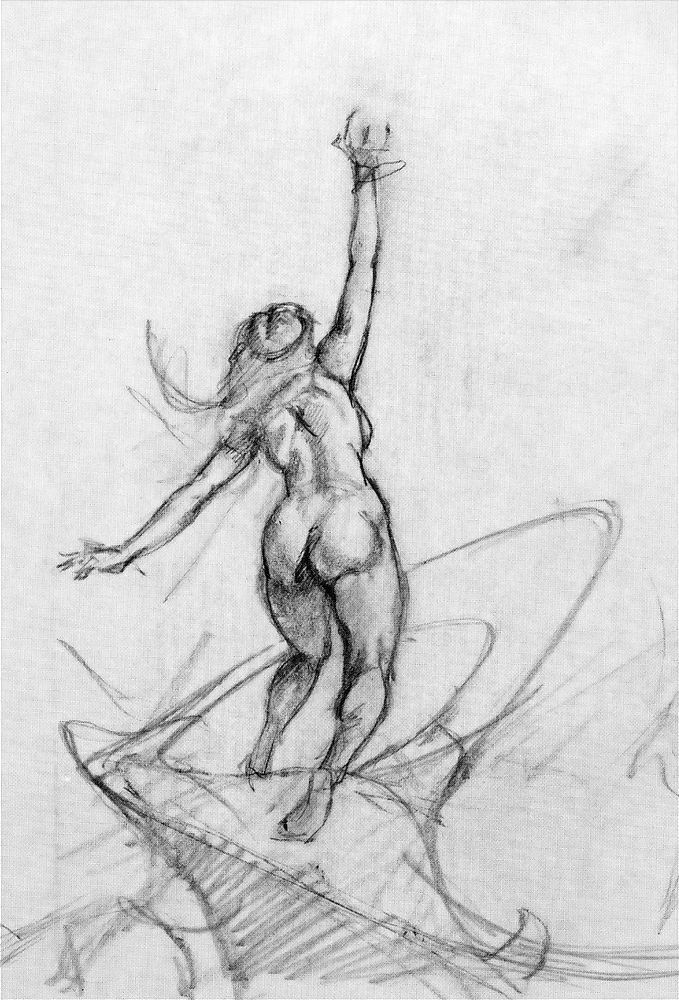 Figure sketch in pencil for LAMARCHOS featuring a nude female figure standing atop an abstract shape with her right arm raised with fingers tensed upright like a claw. Her left leg is forward and the trail of her long hair swishes with movement. Her left hand is thrust out to the side, presumably for balance.