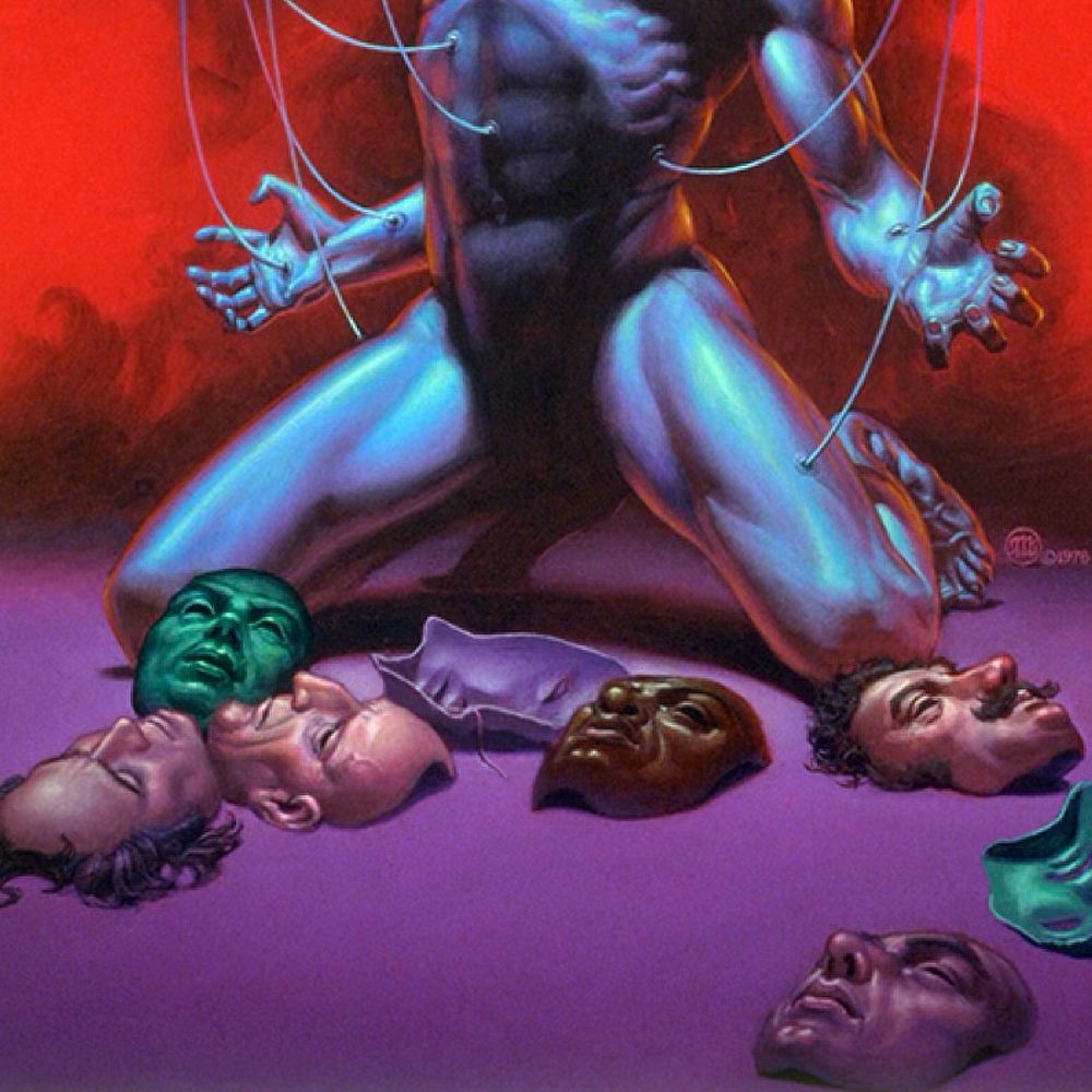 Foreground detail from ALL MY SINS REMEMBERED featuring a variety of masks lying on the purple ground. One has a receding hairline while another with a hawklike nose is completely bald. Another has a thick curling mustache. Most are Caucasian but one is African American. Odder still is a green mask and another purple, which is facing down.