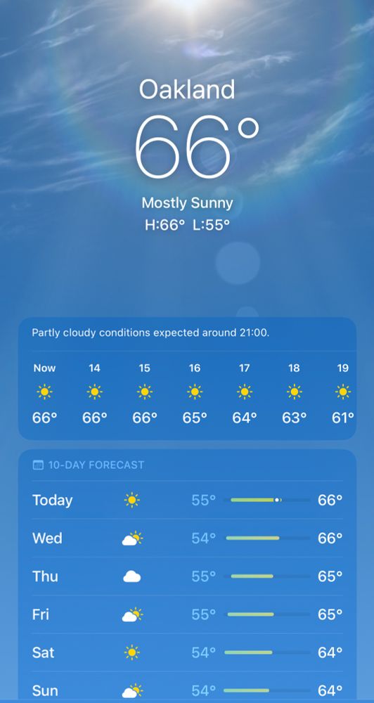 Screenshot of Oakland, CA weather forecast showing a high of 65F and sunny with similar weather in the future.