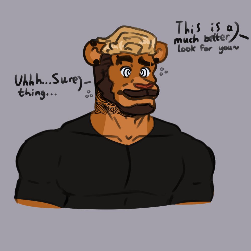 Lion brainwashed into a muscular hot dummy