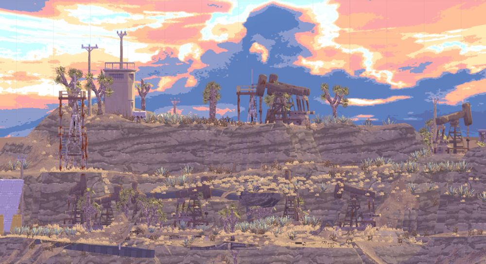 An in-editor photo of the up-coming game Garbage Country. Oil drills on top a dusty hill. 