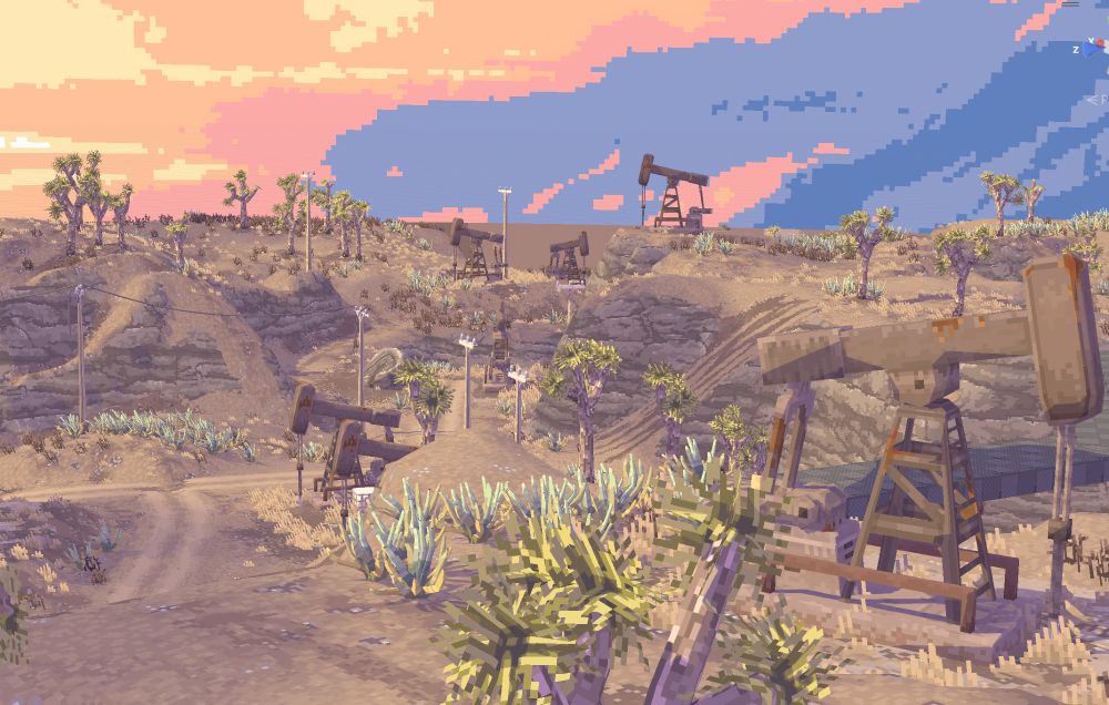 In-editor photo of a valley full of oil wells. From the up-coming video game Garbage Country. 
