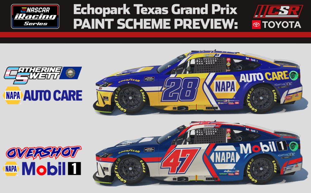 Paint scheme preview of the #28 yellow and blue NAPA Auto Care Camry, and the blue and white Mobil1 Camry