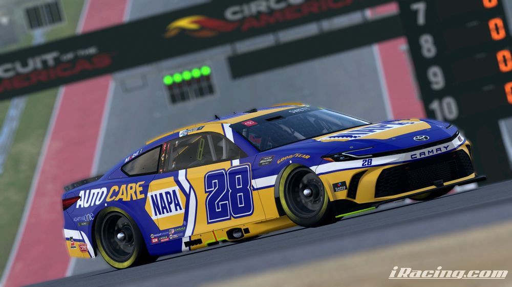 Catherine Swetts yellow white and blue #28 NAPA Auto Care Camry