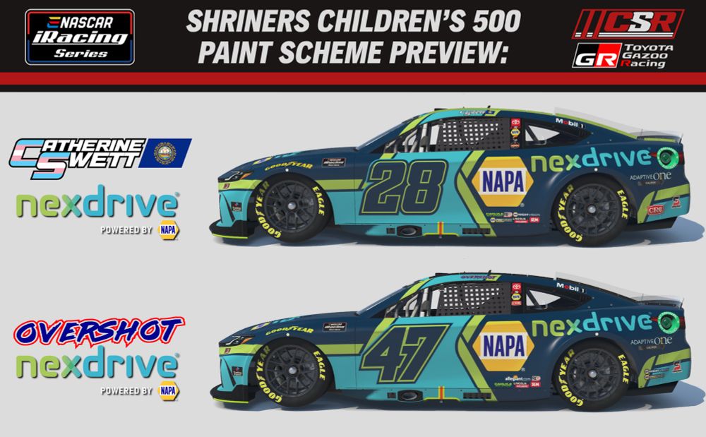CSR paint scheme preview for this week. Feature 2 blue and teal Nexdrive Powered by NAPA Camrys.