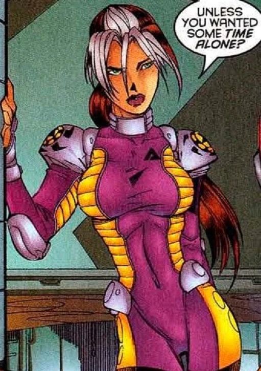 A comic panel depicting the Shi'Ar space outfit that Rogue wore for a while in 1997.