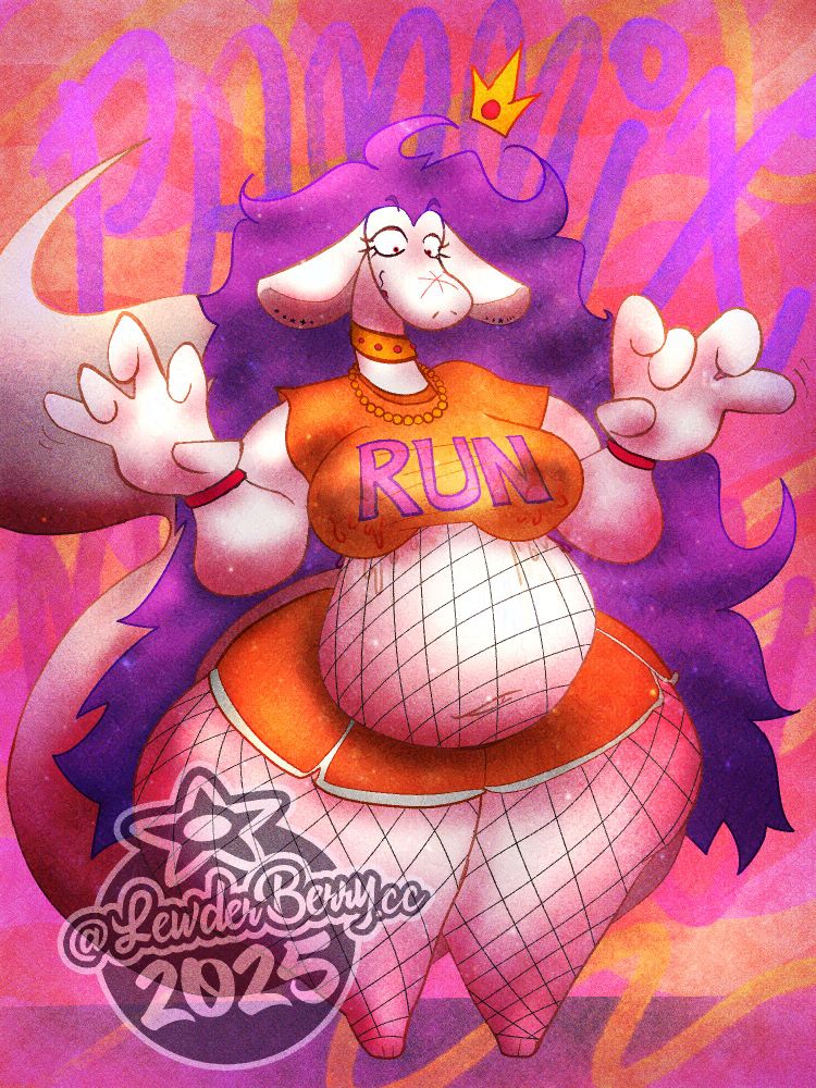 Pammix, a big anthro creature that's a mix of Pam and Remix. She has white skin, big floppy ears, a big chunky tail and a chubby bottom-heavy build. She has pam's crown and long hair. She has a bunch of jewelry and biiig bappy hands. She's wiggling her fingers and looking menacingly down at an unseen figure with a mean little grin. She's lieaking breast milk through a shirt that says "RUN".