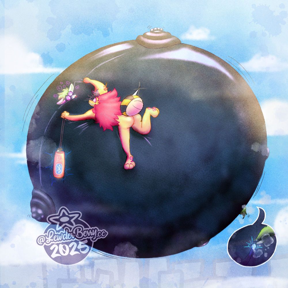 Pam laying on top of Beth (he/her), a white horse with green hair in a latex gimp suit, inflated several meters wide, up in the clouds above a city. Pam is hypnotizing her, holding a canister of helium with a bluetooth logo on it - a rear view for Beth shows that he has a buttplug with the same bluetooth logo on it too, indicating all the gas in the canister is being sent directly up her butt with no hose or anything.