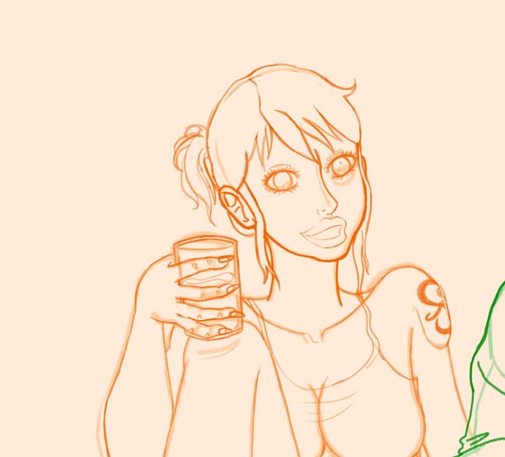 A drawing of Nami from One Piece holding a drink and talking