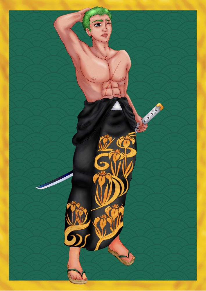 Roronoa Zoro from One Piece. He is standing with one hand behind his head and the other one holding his sword, wado. He looks confused. He is wearing a black kimono with gold flowers, the top hanging around his waist.