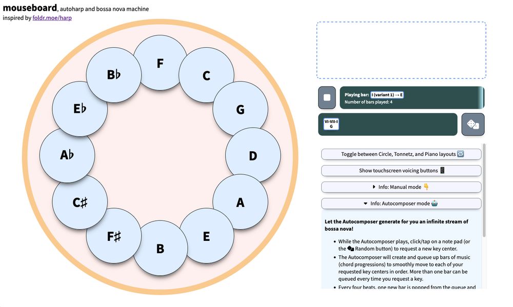 Screenshot of the linked "infinite bossa nova machine". It shows a circle of fifths and various controls. It is currently "playing bar: ii-V to Bb"