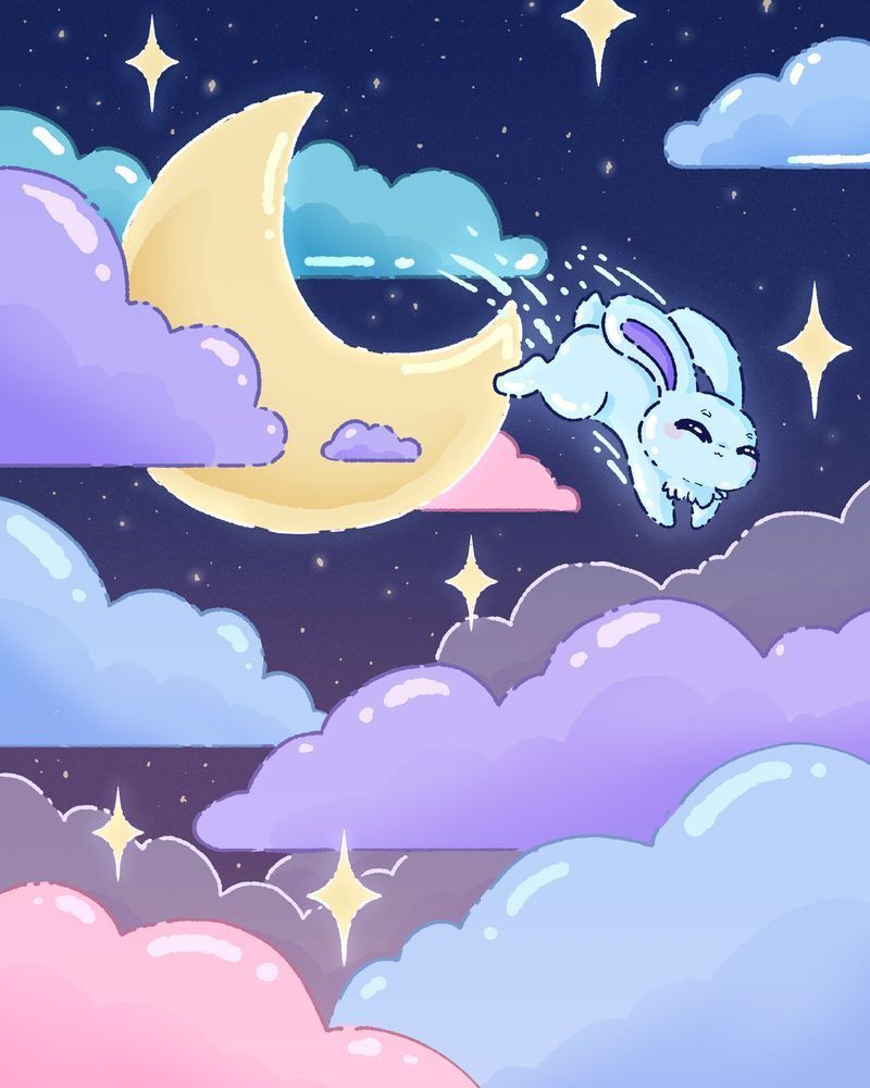 A drawing of a blue bunny hopping over a crescent moon.