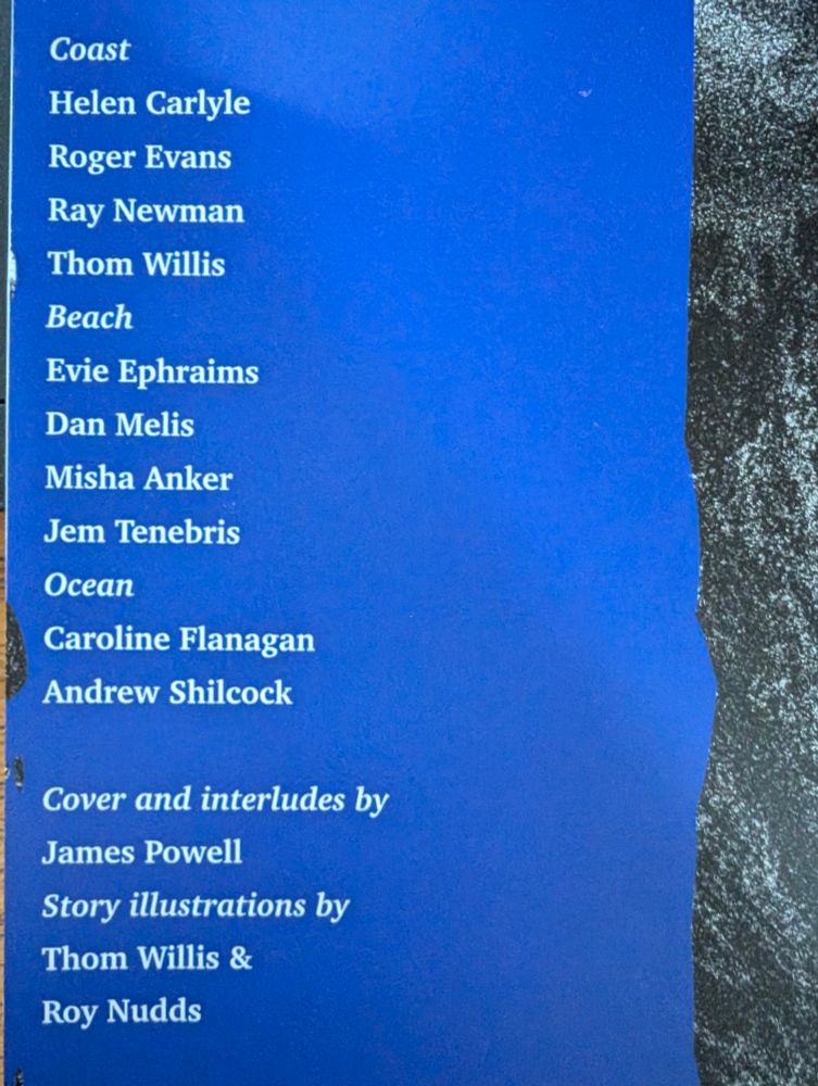 Back cover of the zine. A bold blue stripe with slightly frayed edged contains the following text:

Coast
Helen Carlyle
Roger Evans
Ray Newman
Thom Willis

Beach
Evie Ephraims
Dan Melis
Misha Anker
Jem Tenebris

Ocean
Caroline Flanagan
Andrew Shilcock

Cover and interludes by James Powell
Story illustrations by Thom Willis & Roy Nudds