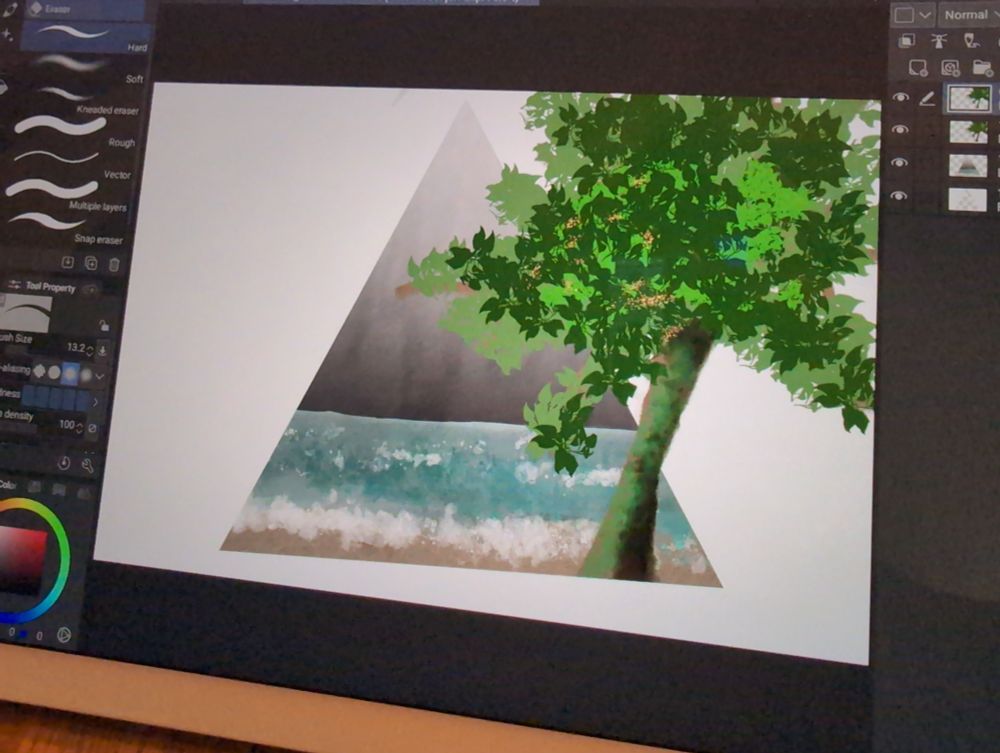 Illustration on a tablet screen, in a drawing application. It shows a grey ocean breaking on a beach contained within a triangle on white space. A tree is breaking the frame of the triangle.