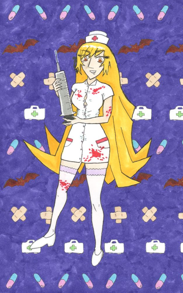 Kiss-shot Acerola-orion Heart-under-blade in a blood-spattered nurse costume holding an oversized syringe