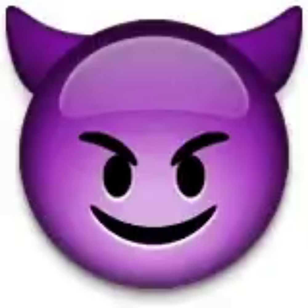 a purple devil emoji with horns and a smiling face on a white background .