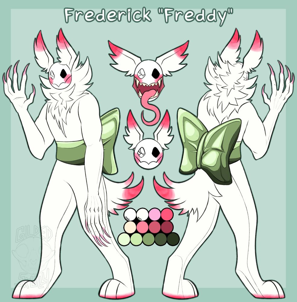 Reference sheet featuring front and back of Freddy, a white anthro rabbit half porcelain/half plush with a sage green ribbon tied around his waist with a large bow on the back. He has a circular mask as a face with one black eye and one cracked eye.