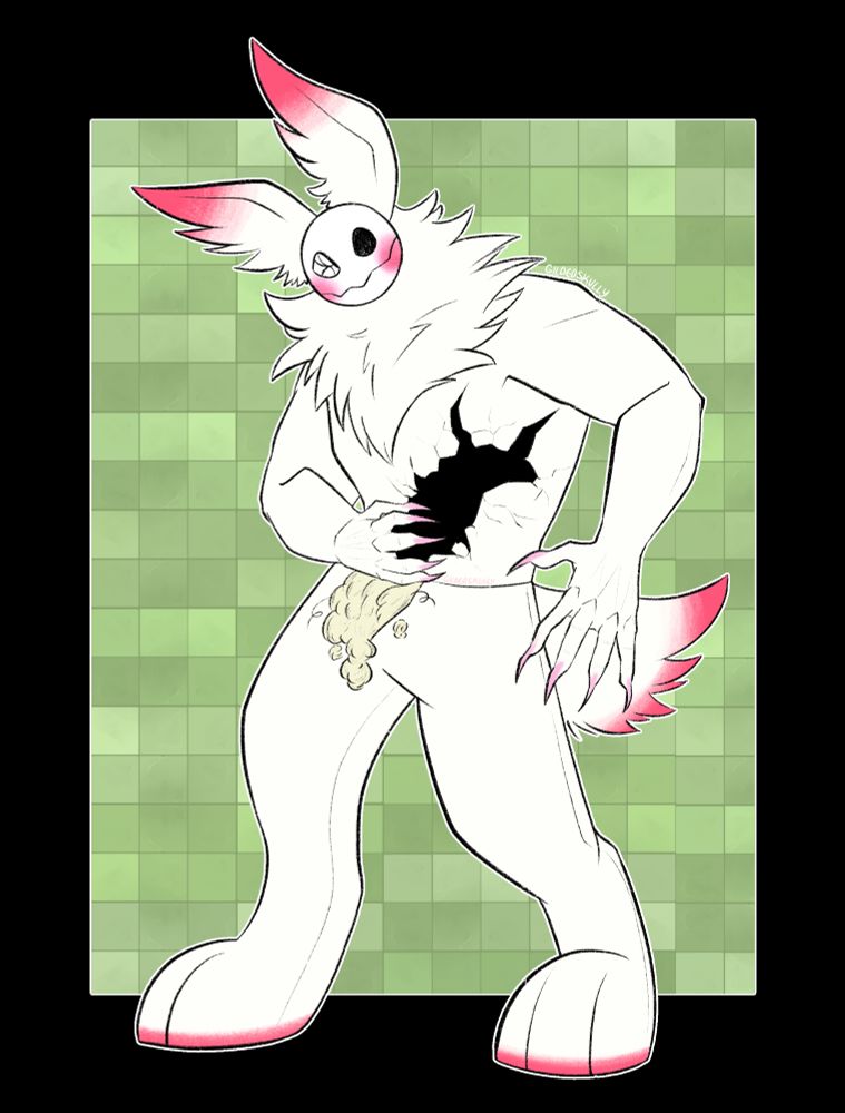 Digital drawing of Freddy with his sage green ribbon missing and a crack is in its place with stuffing pouring out of it.