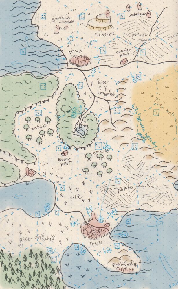 a hand drawn hex map showing two major towns with forests, farms, hills and deserts in between and oceans around the edges