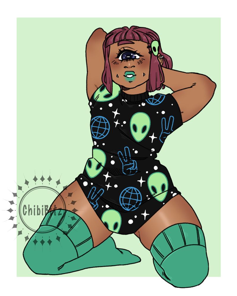 My cyclops oc pandora resting on her knees with her arms behind her head in a oversized t-shirt covered in alien heads and stars 