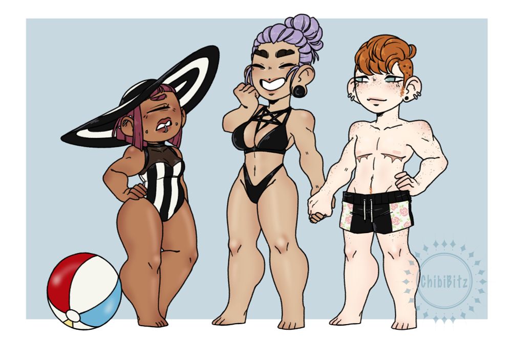 Digital drawing of 3 figures in swimsuits, on the left is a short cyclops femme with a large striped sun hat and an annoyed expression, in the middle is a tall femme with lavender hair and large gaged ears and on the end is a masc with short orange hair and freckles 
