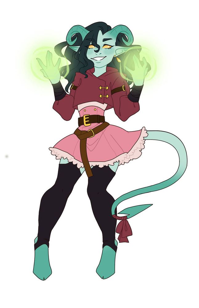 A teal tiefling with curved goat horns and long curly dark hair, she wears a dark pink cropped jacket, a frilly pink skirt and dark thigh highs, with a dark pink bow at the end of her long tail 