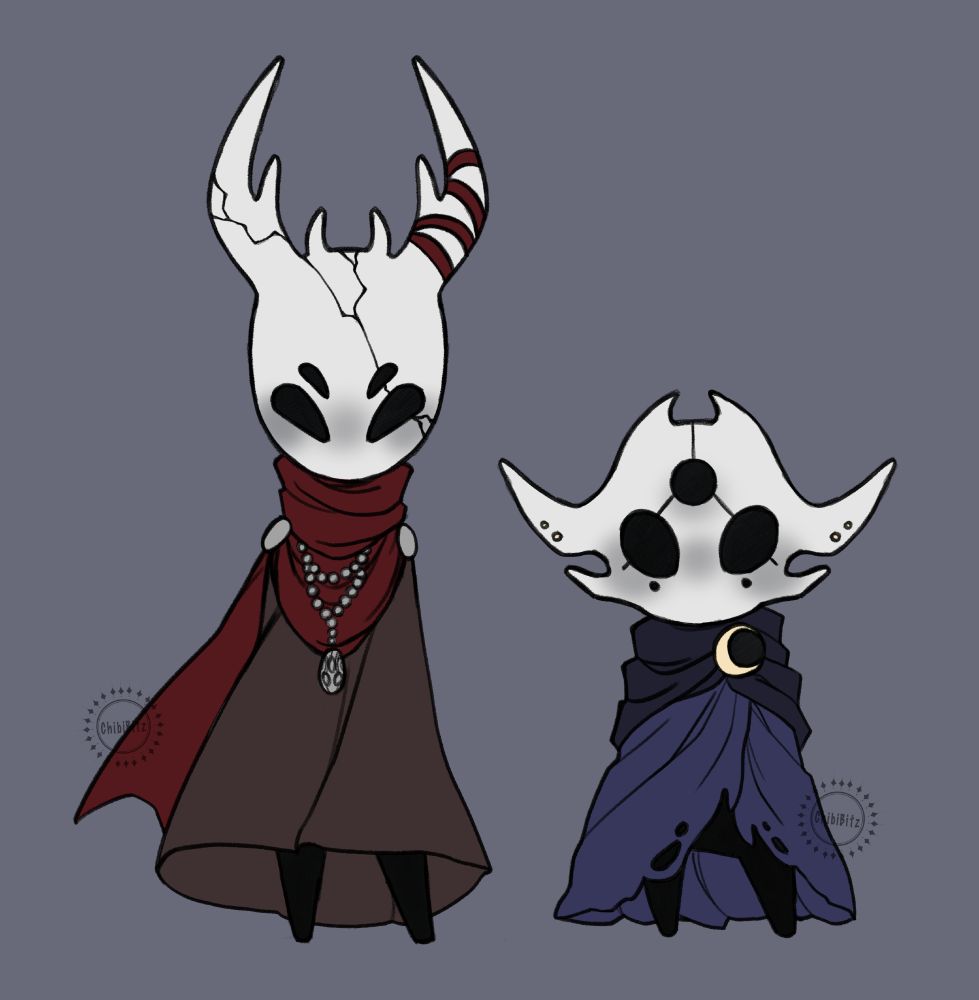 two hollow knight ocs, a tall one with 4 eyes, a cracked mask and a red scarf, a smaller one with 3 eyes and a purple cape with a moon on it