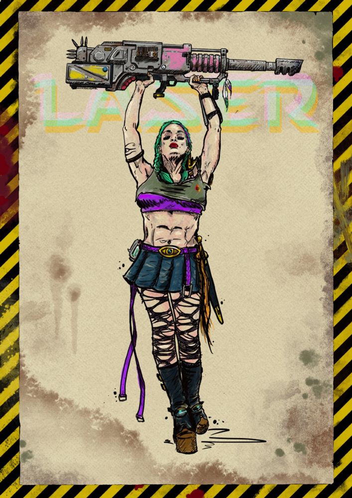 Lady in dystopian cyberpunk outfit holding a large laser cannon above her head in a sign of defiance 