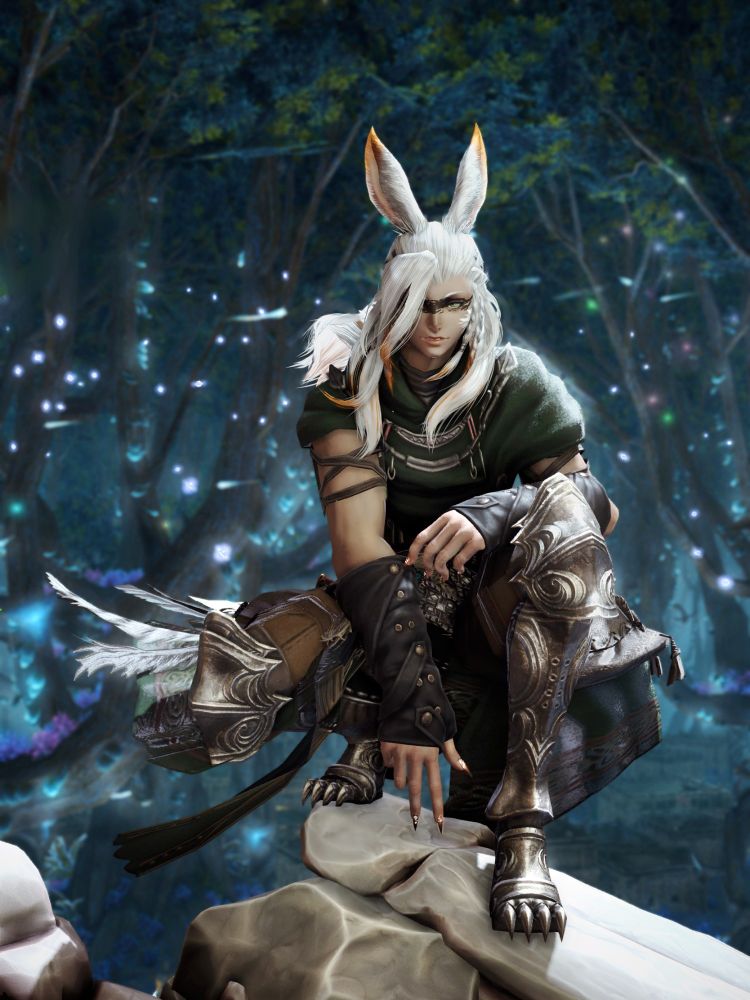 Gpose of a male Viera crouched at a dark forest in traditional garb with long hair and claws.