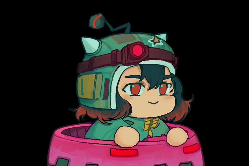 an image of Min's new pilot look from a forthcoming StarVaders update. she is a short, round-faced girl with chin-length hair, wearing a green scifi military helmet with two short horns sticking out of the sides and a bent antenna on top. she is peeking out of the top of some sort of cylindrical mech 