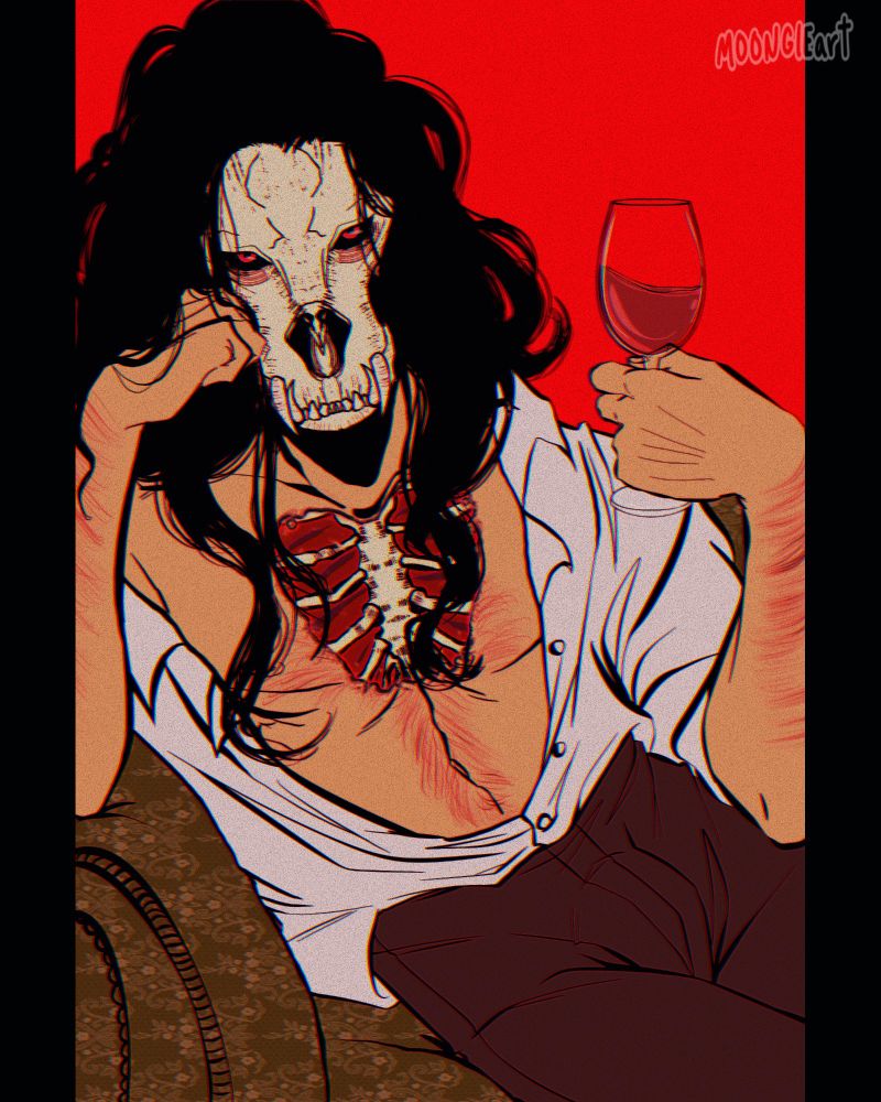 W lounging with a glass of wine, shirt open exposing his exposed chest (head canon of mine tbh)