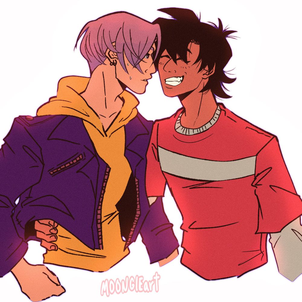 Trunks and Goten from DBZ. Goten has his arms around trunks, who looks surprised but welcoming. Goten has a big smile cause he’s looking At the love of his life so 