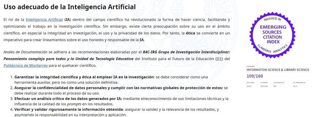 Buenas prácticas de uso de la IA en Anales de Documentación a partir de las recomendaciones del IFE de Monterrey.