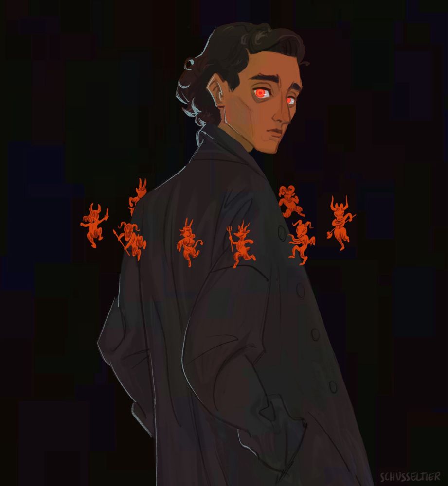 An illustration of Armand from AMC’s Interview With the Vampire on a black background. He is wearing a big dark coat and looking at the viewer with stark orange eyes. A ring of orange devils are dancing around him.