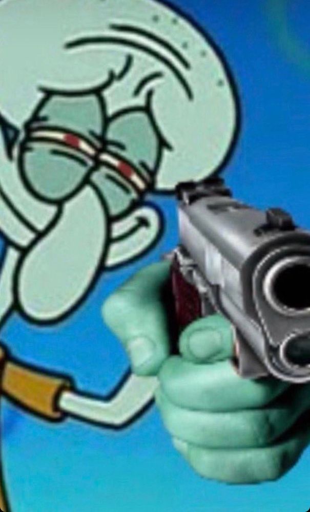 closeup of squidward tentacles (spongebob squarepants). he’s been edited to be pointing a gun at the viewer; his eyes are pinched and his mouth is smiling 