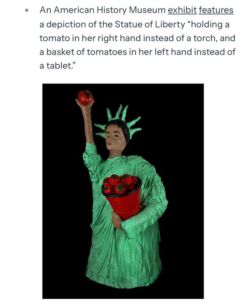 Text reads: An American History Museum exhibit features a depiction of the Statue of Liberty 