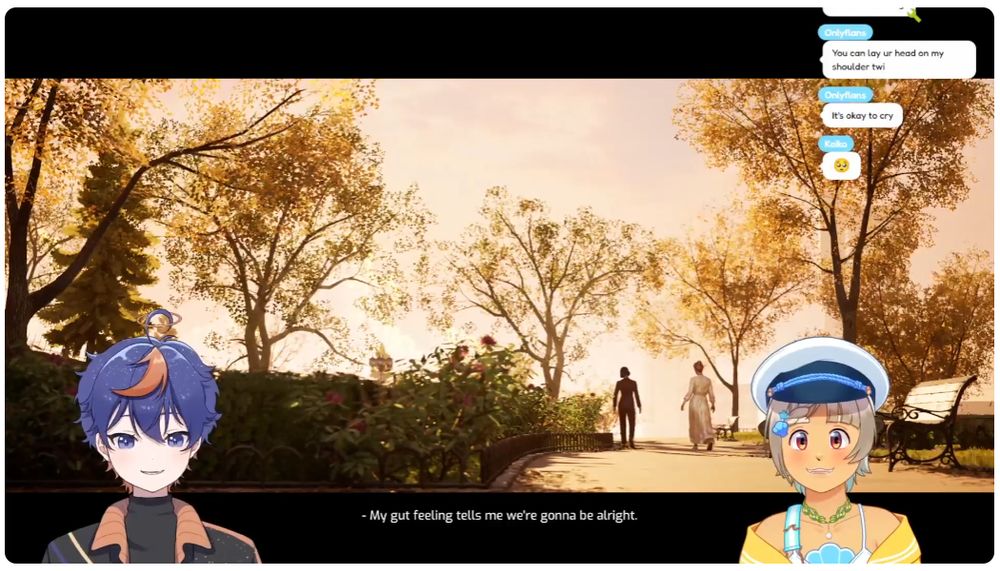 Screencap from Calico's recent Split Fiction stream with Twi. The two of them are watching the ending cinematic sequence before the end credits of the game.