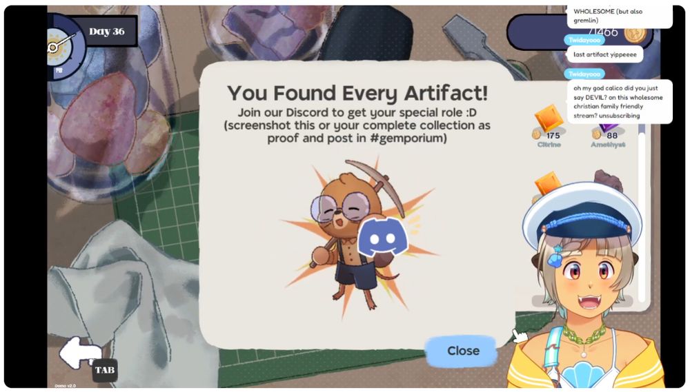 Screencap from Calico's recent Gemporium stream showcasing the in-game reward for finding all the Artifacts in the demo.