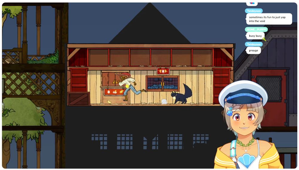 Screencap from Calico's recent Spiritfarer stream. As the playable character, she is chasing her first baby chick hatched from an egg. It is very small.