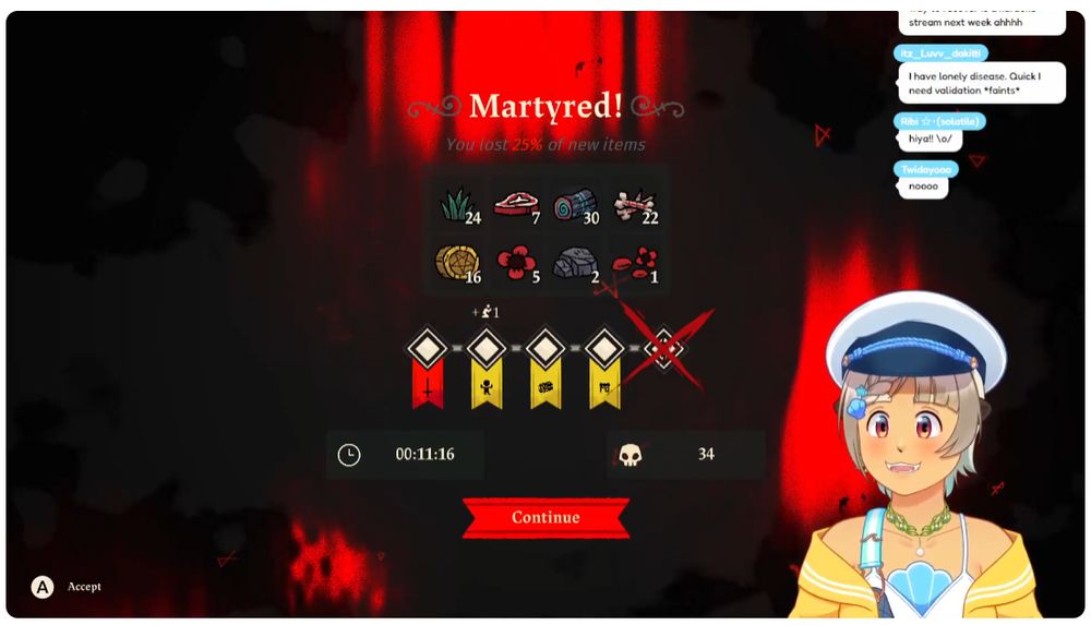 Screencap from Calico's recent Cult of the Lamb stream. They did not succeed in beating the boss of the Darkwood dungeon.